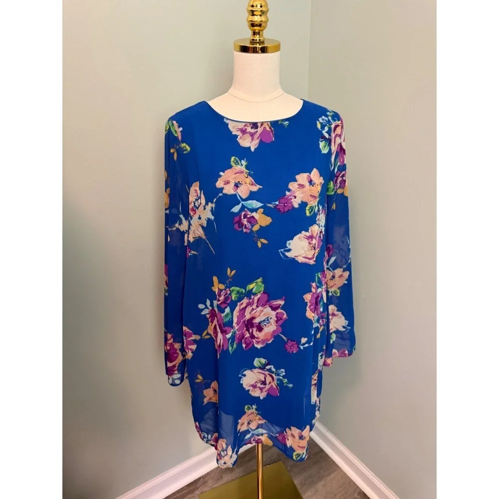 Everly‎ Blue Floral Long Sleeve Shift Dress Keyhole Back Size M